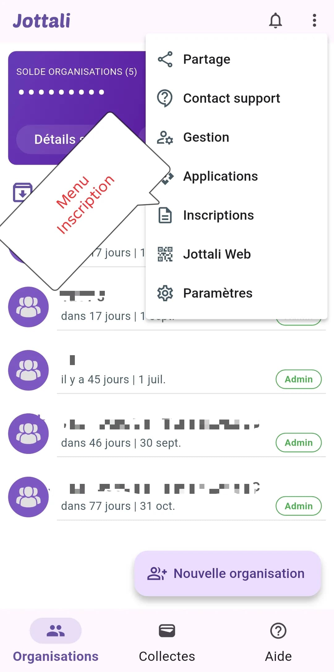 Menu principal de l'application Jottali ouvert sur l'entrée Inscriptions
