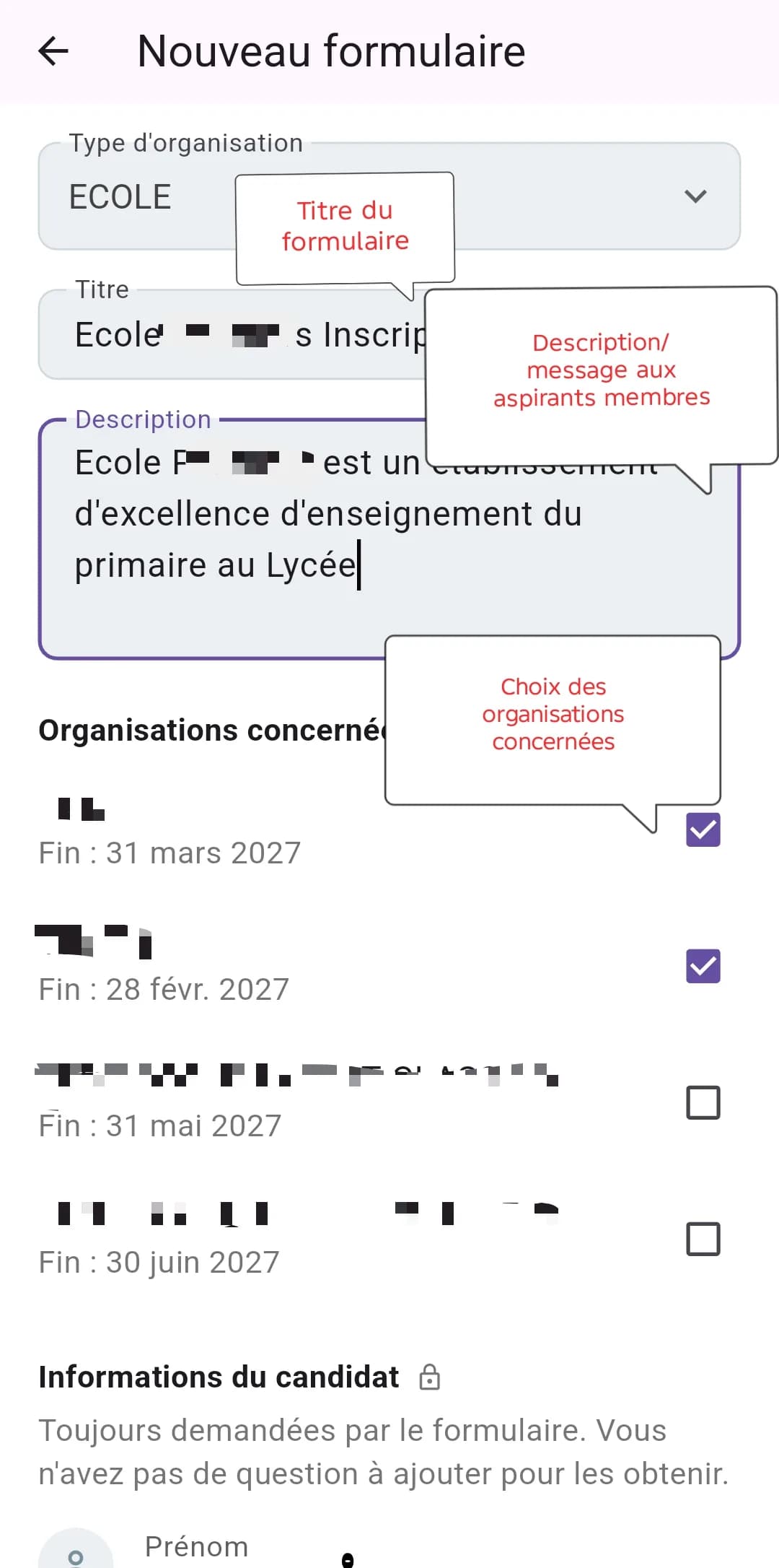 Écran de création d'un formulaire : titre, description et organisations concernées