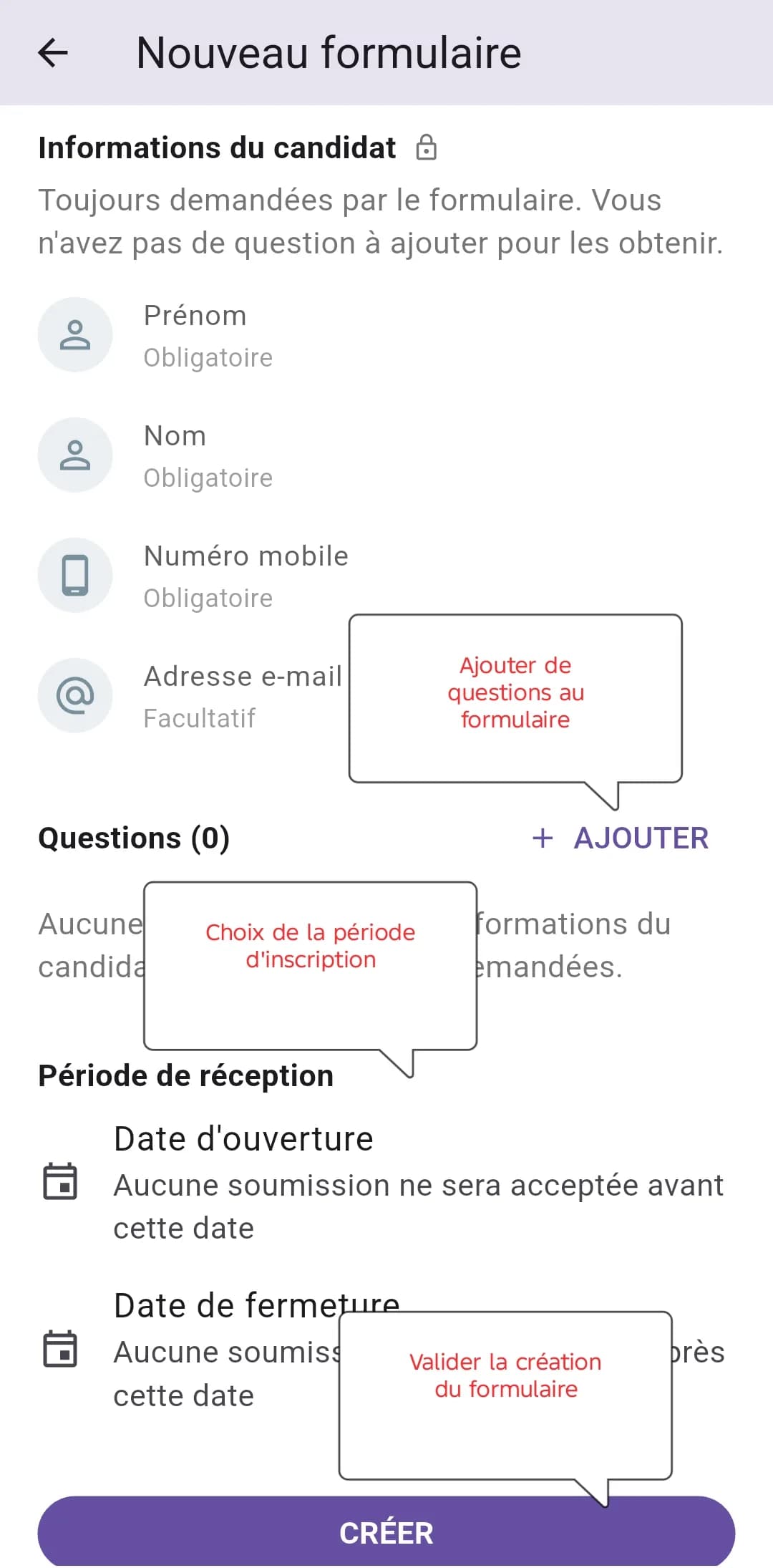 Ajout de questions et choix de la période de réception des demandes