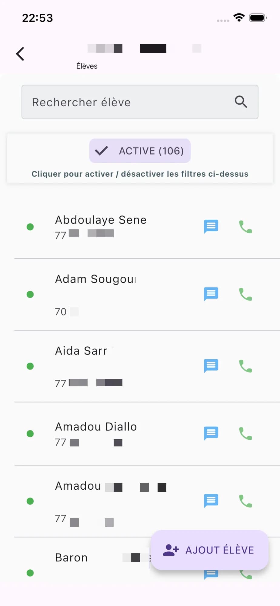 Liste des membres d'une organisation, avec recherche, appel, message et bouton d'ajout d'un membre