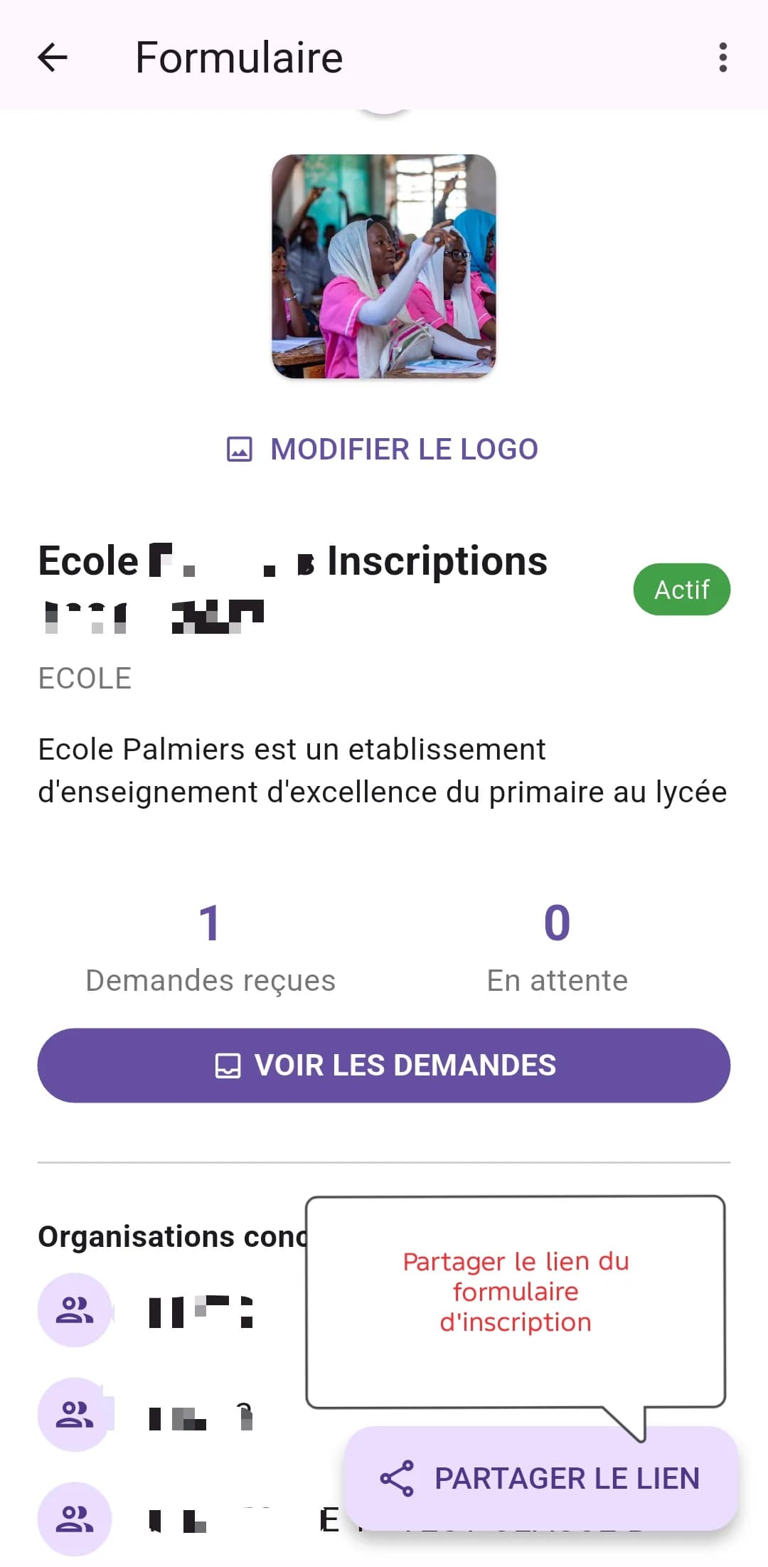 Fiche du formulaire d'inscription avec le bouton de partage du lien