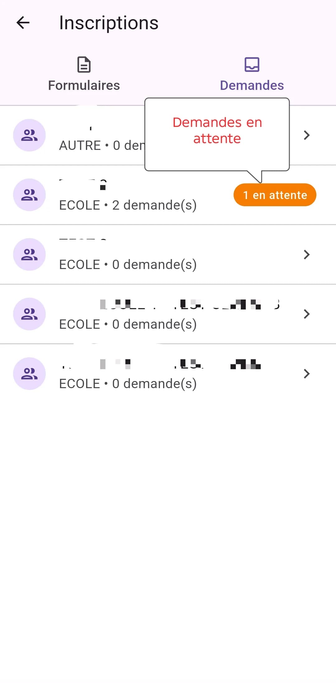 Onglet Demandes regroupant les demandes d'inscription par organisation