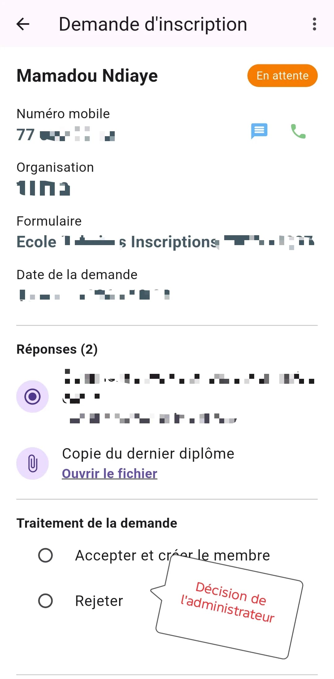 Détail d'une demande d'inscription avec les options accepter ou rejeter
