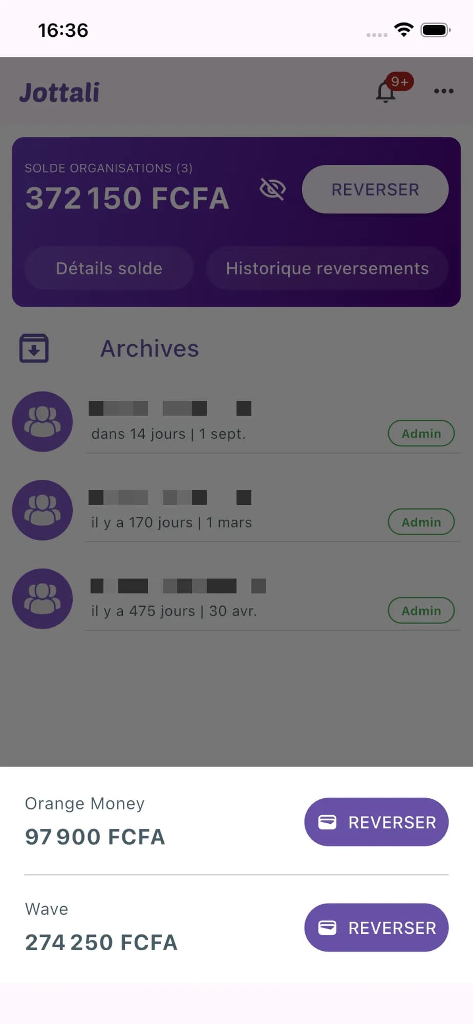 Solde des organisations détaillé par canal, Orange Money et Wave, avec le bouton Reverser
